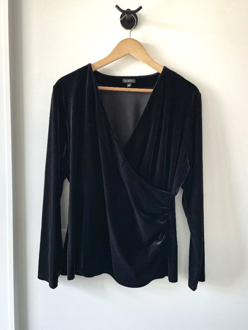 Talbots Velvet Faux‑Wrap Long Sleeve Top XL Black Luxe Textured Evening Blouse